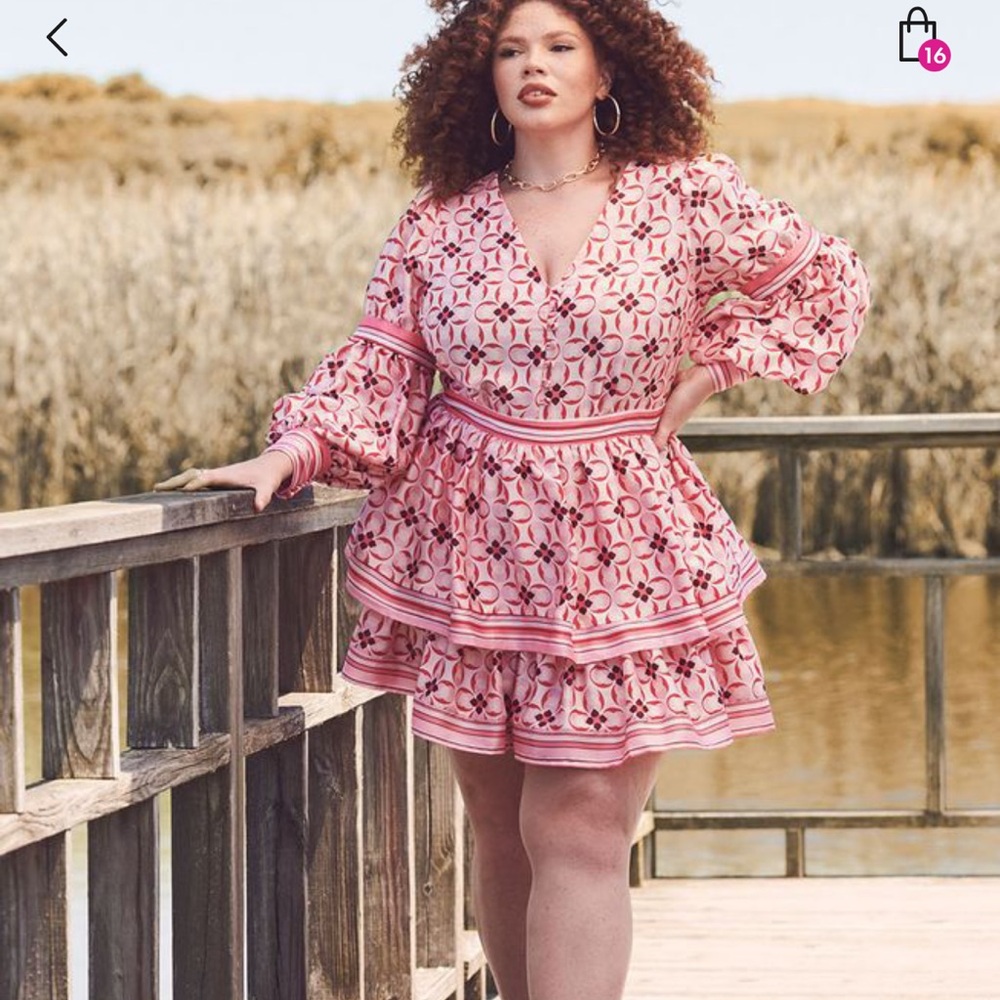Eloquii Pink Floral Tiered Long Sleeve Dress